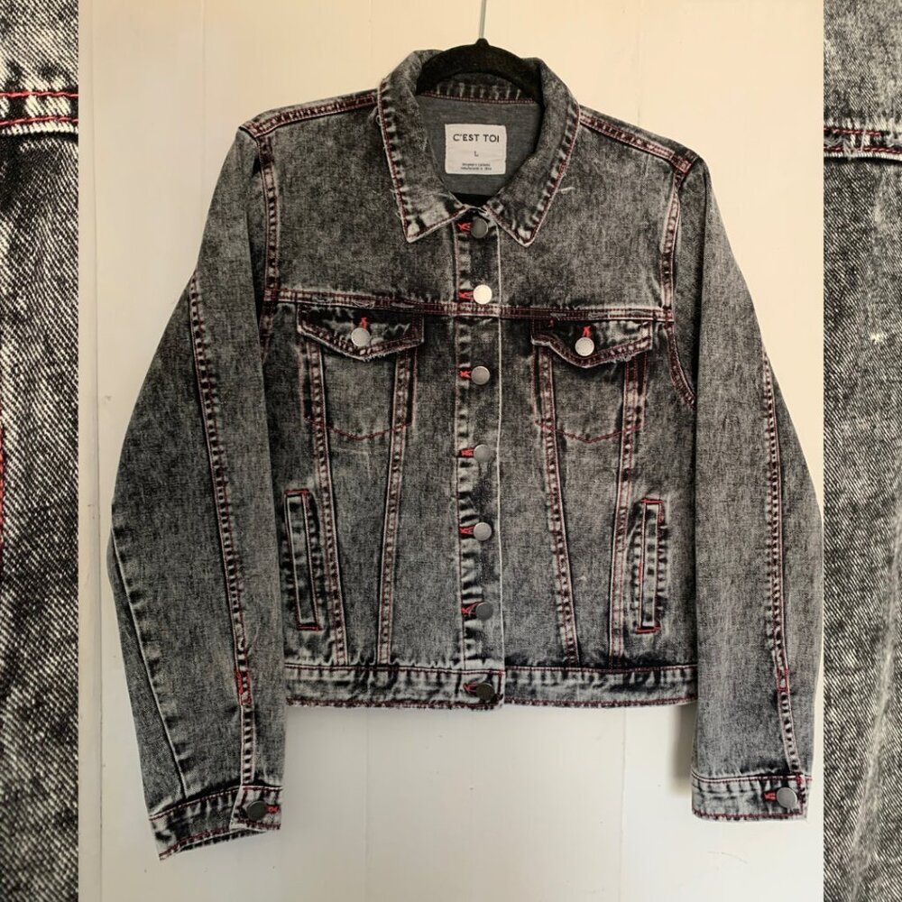 C'est Toi y2k vibes distressed grey denim jacket with pink stitching size L - Picture 6 of 7